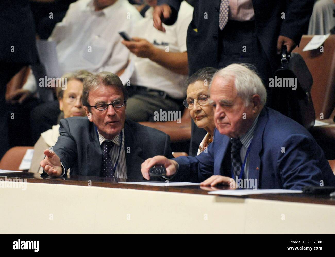 (L-R) French Interior Minister Michele Alliot-Marie, Foreign Minister Bernard Kouchner, Simone and Antoine Veil sit in the Knesset prior to French President Nicolas Sarkozy's speech, in Jerusalem, Israel on June 23, 2008, on the second day of Sarkozy's three-day state visit to Israel and the Palestinian Territories. Photo by Jacques Witt/Pool/ABACAPRESS.COM Stock Photo