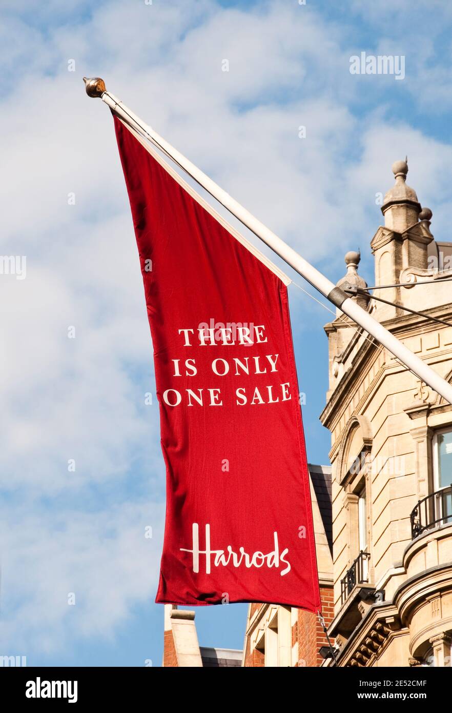 Harrods sale flag reads: 'there is only one sale'. Harrods is a department  store located on Brompton Road in Knightsbridge Stock Photo - Alamy