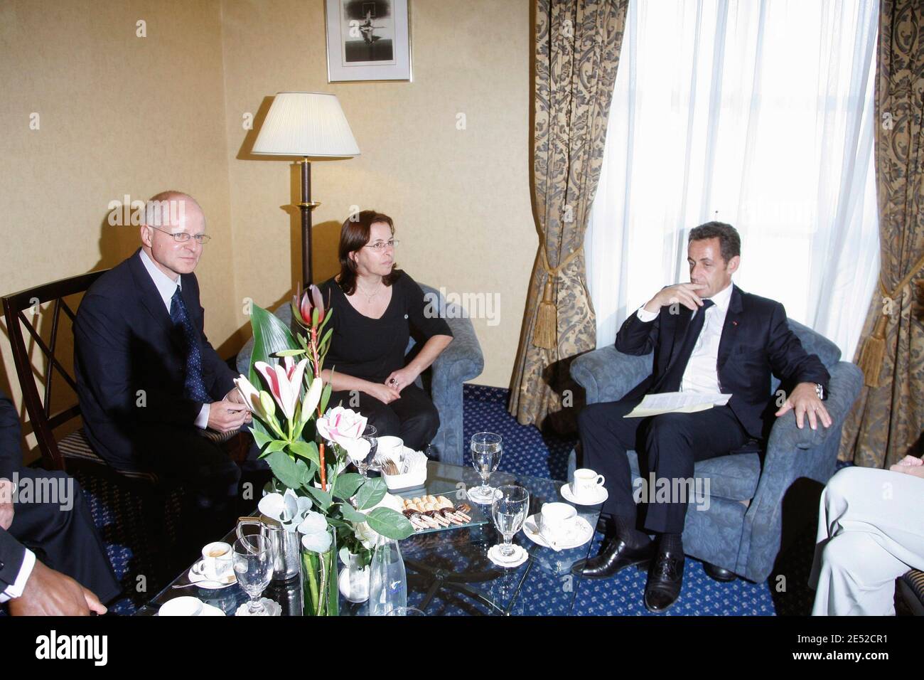 French President Nicolas Sarkozy speaks with Noam Shalit and Aviva Shalit, the parents of Gilad Shalit, the Israeli soldier captured by Palestinian militants two years ago on the Israel-Gaza border, during a meeting at King David hotel in Jerusalem, Israel, on June 23, 2008. Photo by Ludovic/Pool/ABACAPRESS.COM Stock Photo
