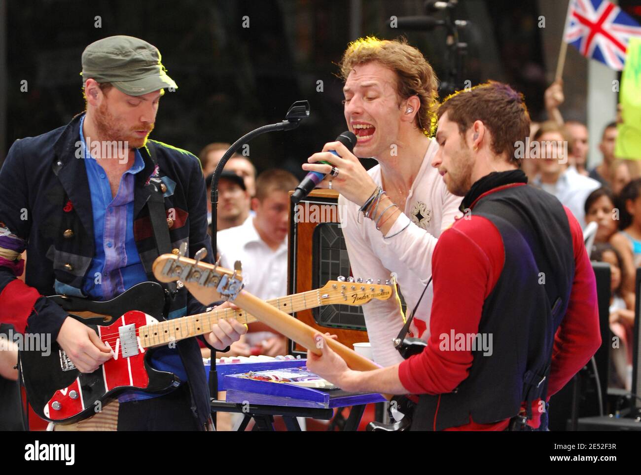 UK band Coldplay look in lively spirits as they stand outside BBC Radio  studios during a snowy afternoon. The group, Chris Martin, Jonny Buckland,  Guy Berryman and Will Champion, appeared on BBC