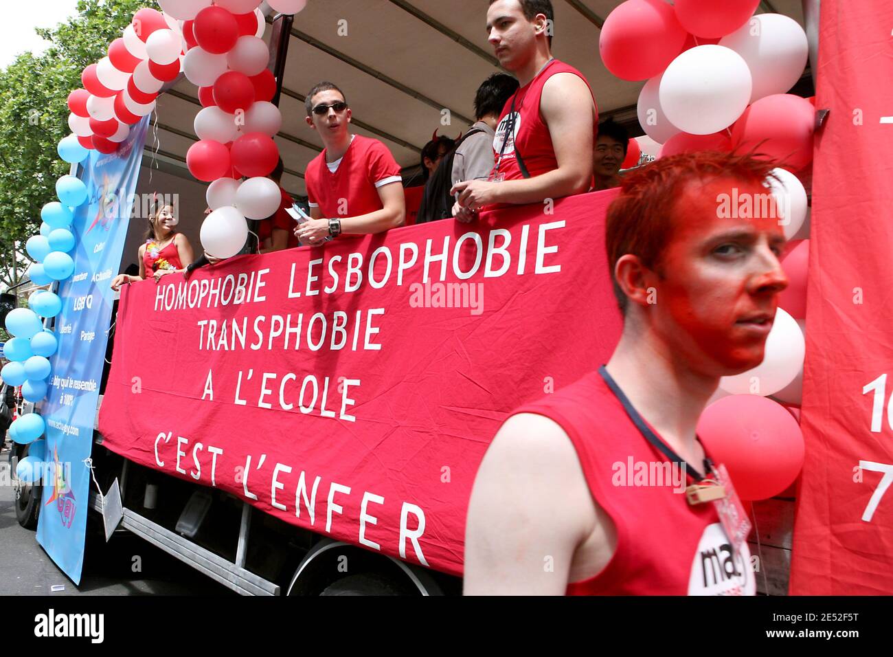 Thousands of people take part in the Gay Pride parade where gays, lesbians and transvestites demonstrate for equal rights and against discrimination, in Paris, France, on June 28, 2008. Photo by Stephane Gilles/ABACAPRESS.COM Stock Photo