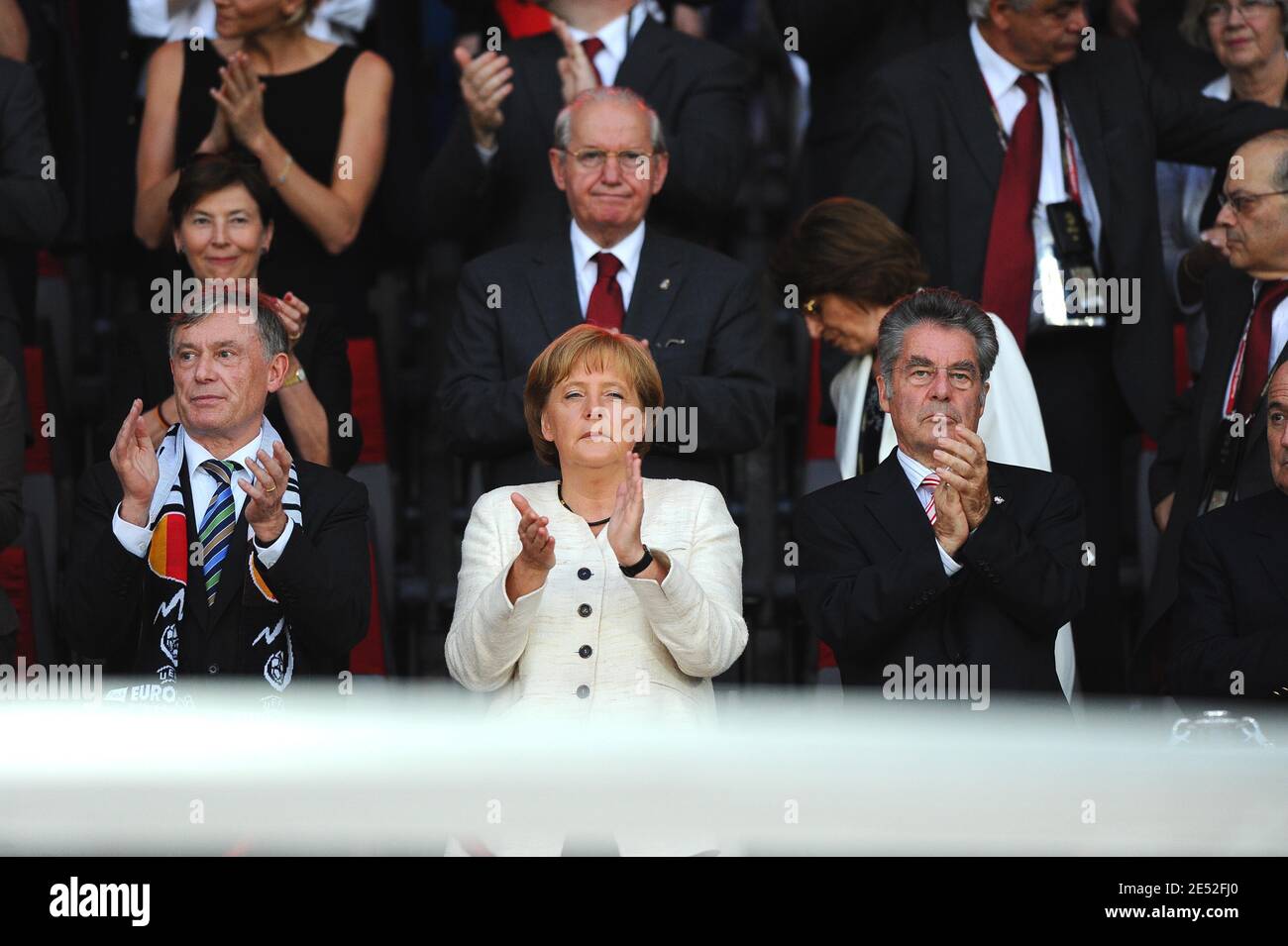 German President Horst Koehler (L), German Chancellor Angela Merkel (C) and Austrian President Heinz Fischer (R) attend the Euro 2008 UEFA European Championship 2008, Final Soccer match, Spain vs Germany at the Ernst Happel Stadium in Vienna, Austria on June 29, 2008. Spain won the Euro 2008 with the score of 1-0. Photo by Steeve McMay/Cameleon/ABACAPRESS.COM Stock Photo