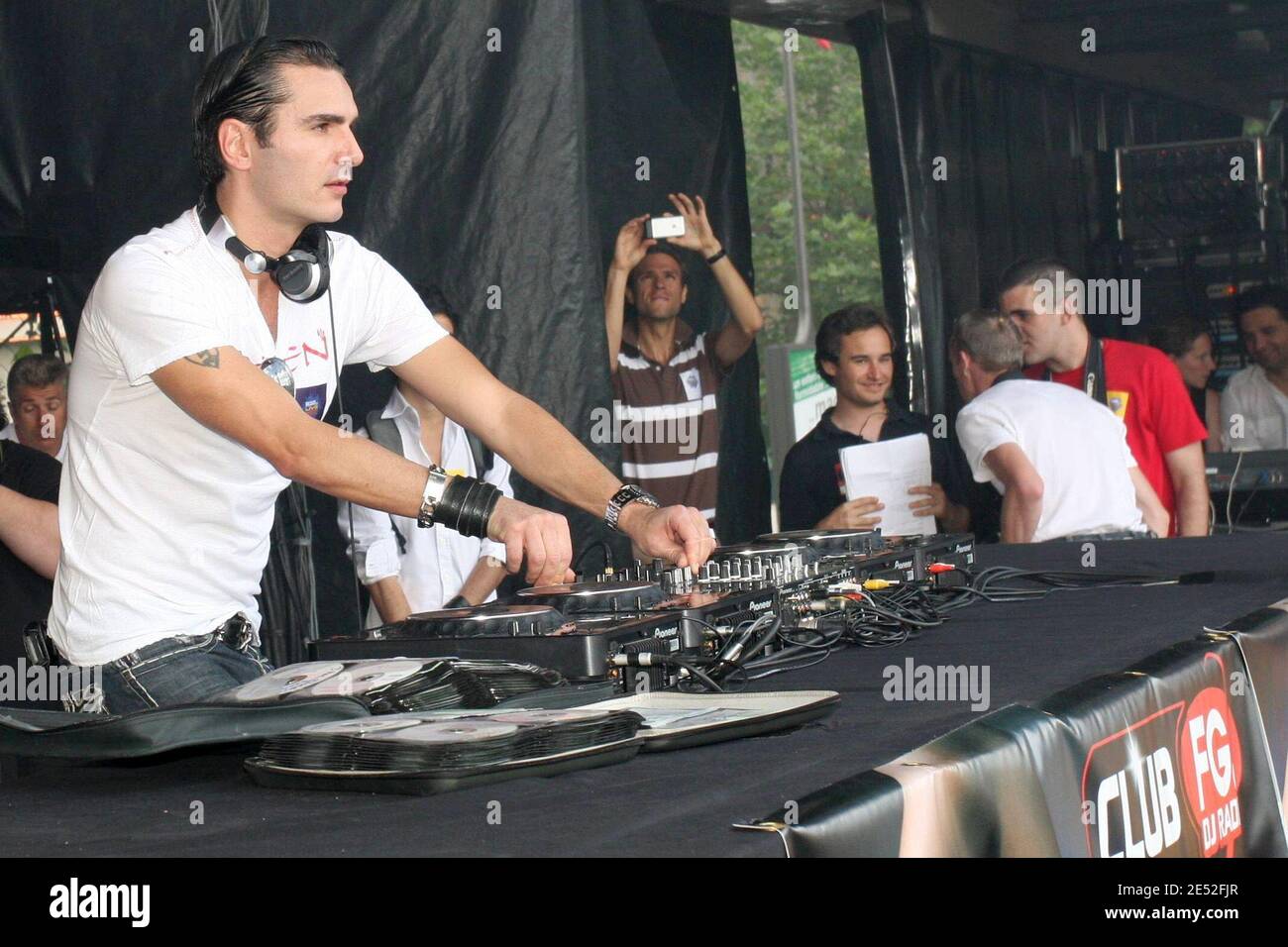DJ David Vendetta mixes during the radio station FG concert for equal  rights and against discrimination, held at the 'Place de la Bastille' in  Paris, France, on June 28, 2008. Photo by