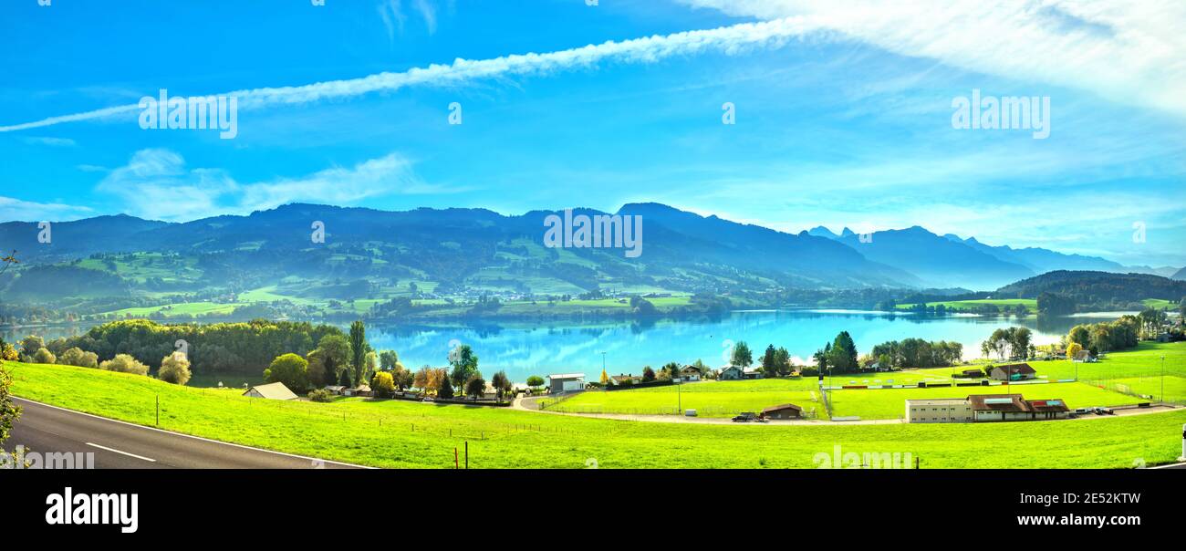 Panoramic landscape with lake of Gruyere in Switzerland. Canton Fribourg, Switzerland Stock Photo