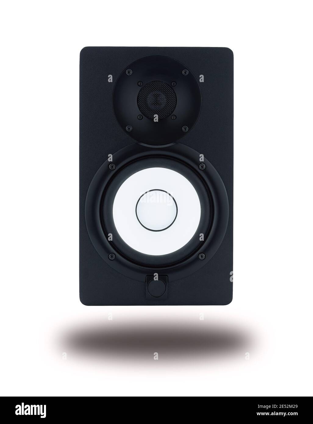 Front view of professional high quality monitor speakers for sound recording, mixing, and mastering in studio in black wooden casing isolated . Stock Photo