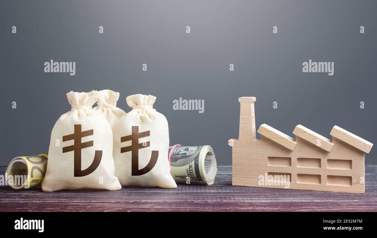 Turkish lira money bags and industrial factory. Subsidies support for businesses. Investments in production and energy industry. Concession auction te Stock Photo