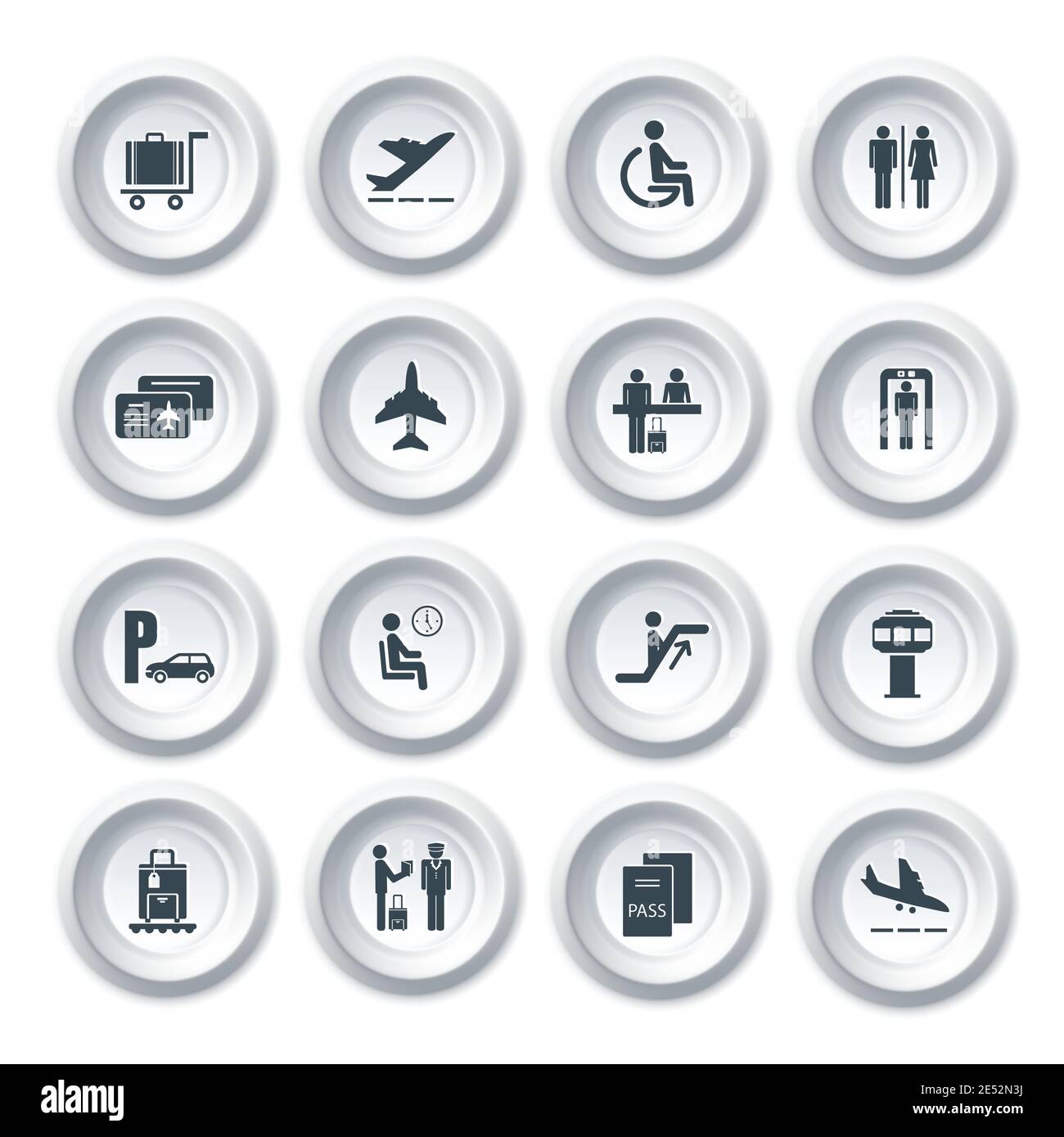 Business airport travel button icons set with plane security check baggage control isolated vector illustration Stock Vector