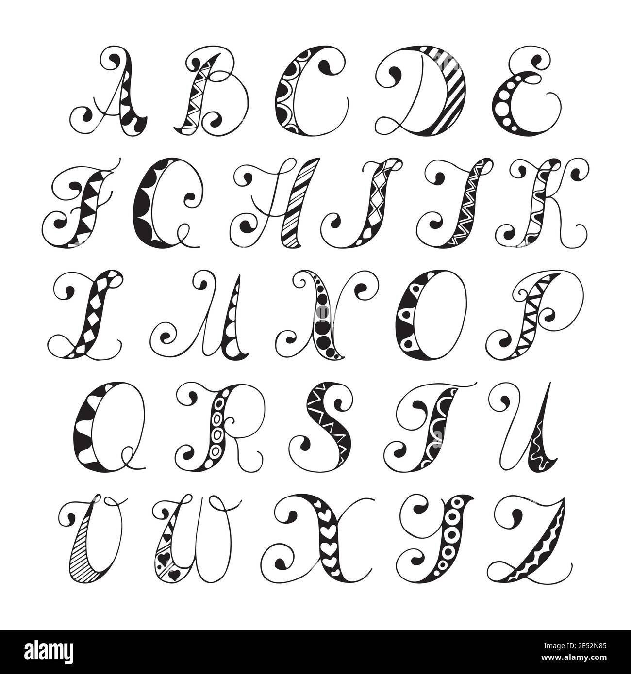 Sketch hand drawn alphabet black and white font letters isolated vector ...