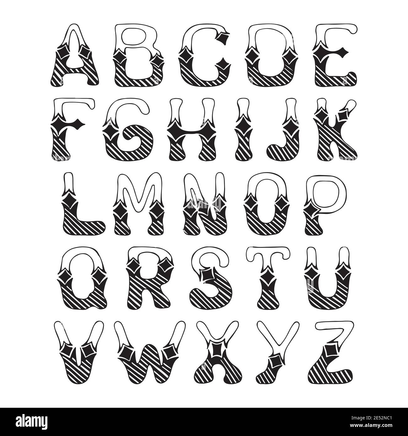 Sketch hand drawn alphabet with hatch ornament font letters isolated ...