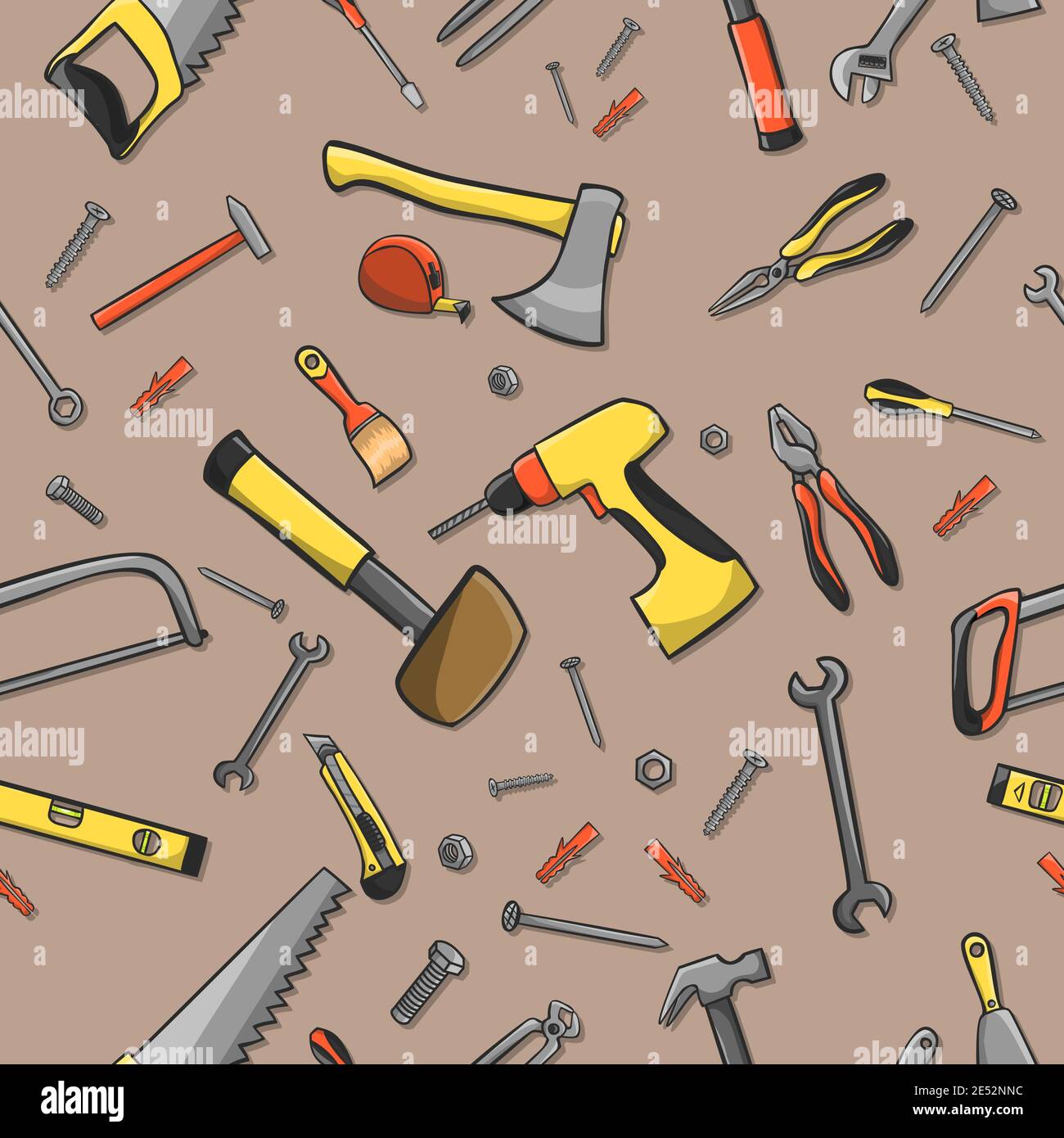 Home construction tools on a seamless brown pattern background vector ...