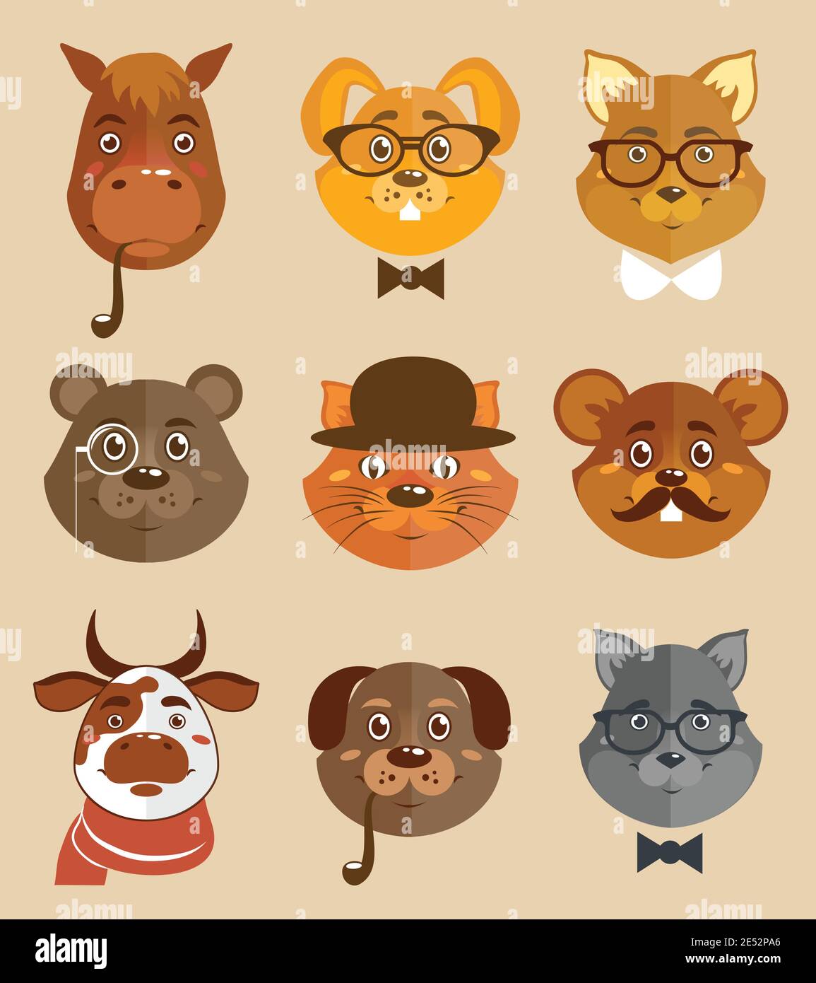Decorative animal hipsters icons set cat horse dog and bear in hats and bow ties vector illustration. Stock Vector