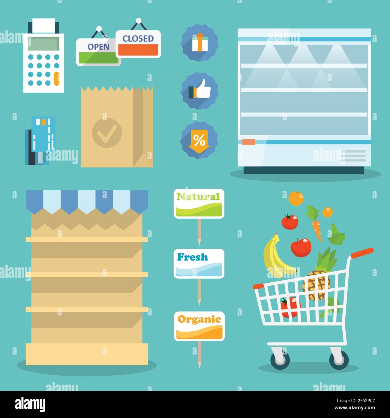 Supermarket online website concept with food assortment, opening hours