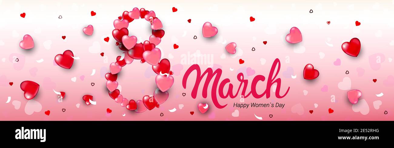 womens day 8 march holiday celebration banner flyer or greeting card with hearts horizontal vector illustration Stock Vector