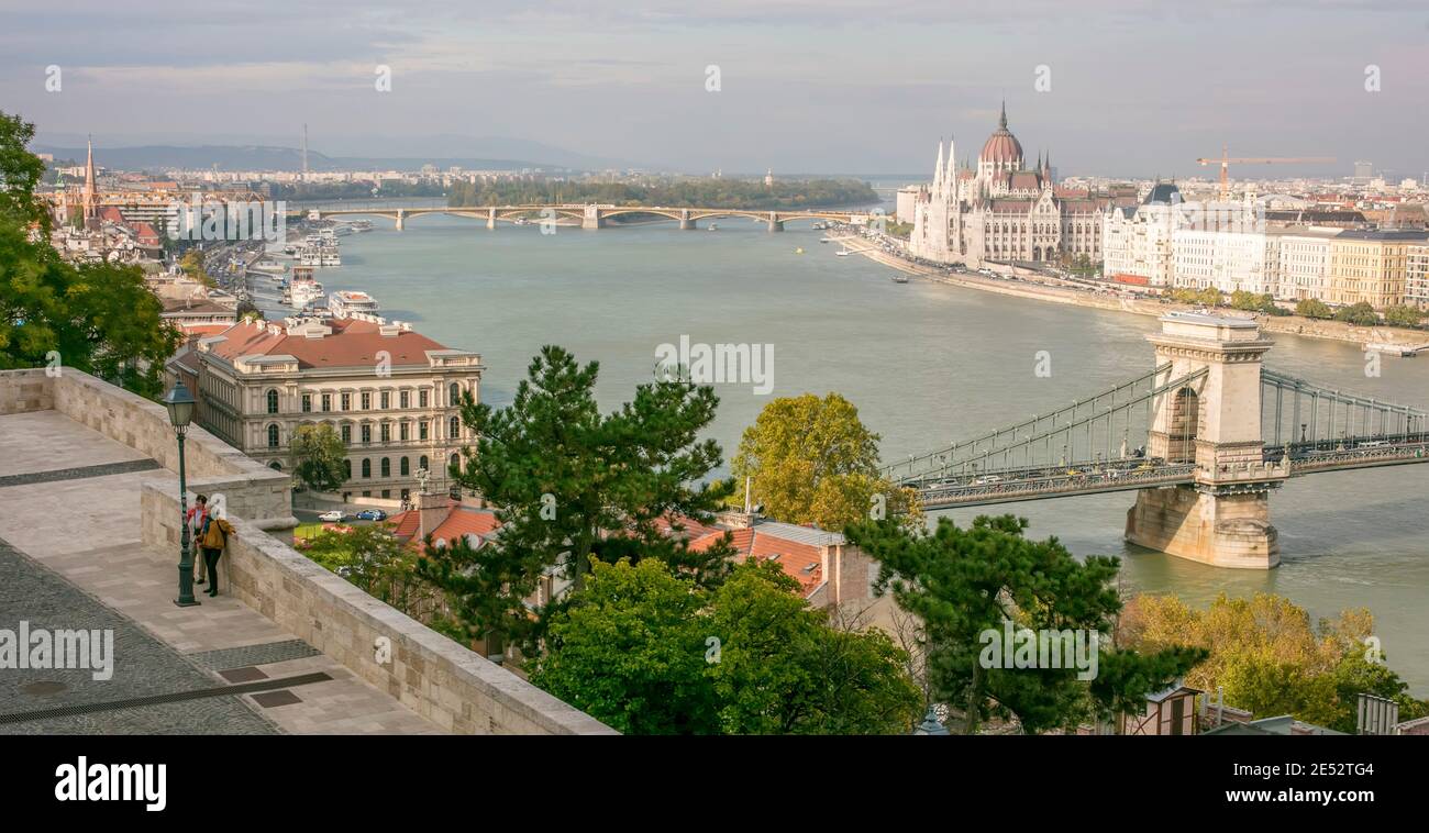 Szechenyi Chain Bridge and Margaret Bridge on River Danube, Budapest, Hungary Stock Photo