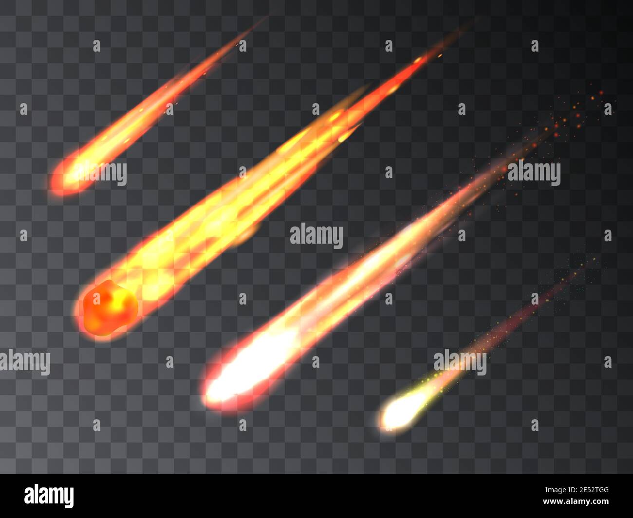 Set of falling luminous comet meteorites. Vector illustration of burning meteorites, asteroids, comets and meteors flying in the Earth atmosphere to t Stock Vector