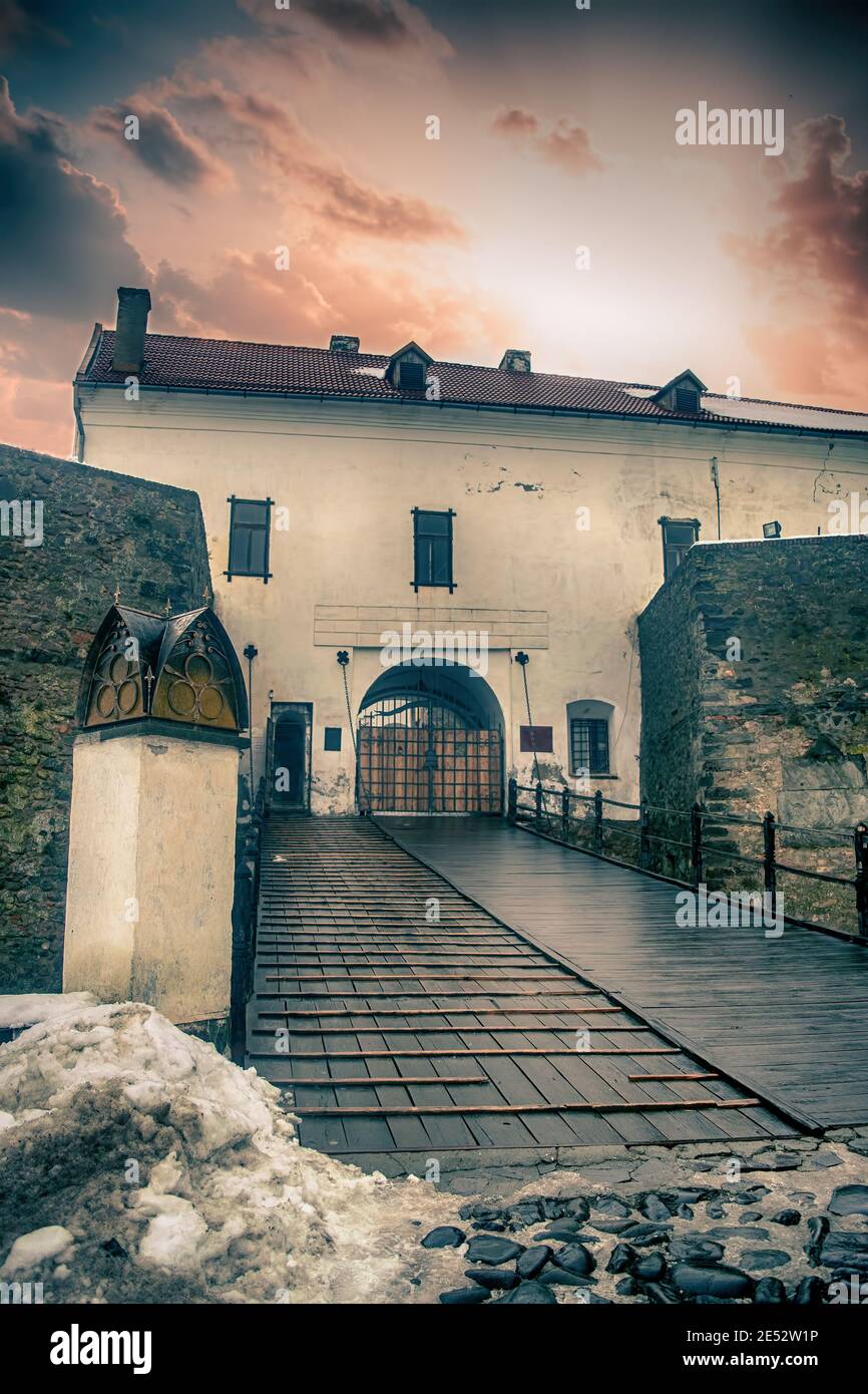 Entrance to Mukachevo castle at winter. Stock Photo