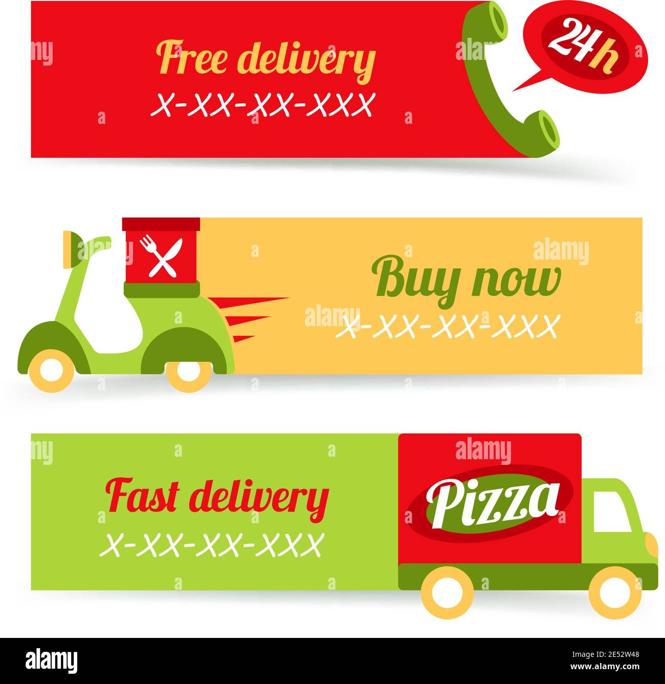 Fast food pizza free delivery 24h banners set isolated vector