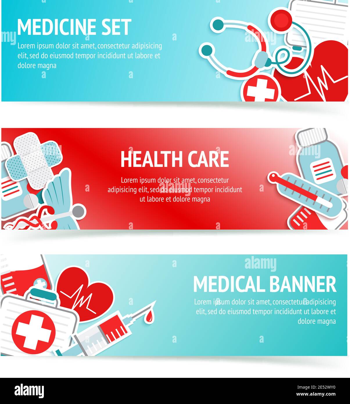 Three horizontal health care banners with medical emblems and emergency