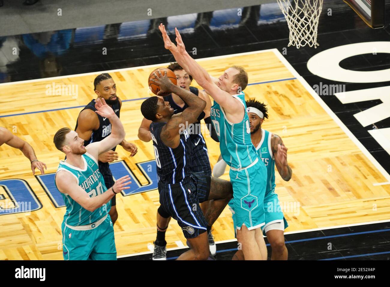 Orlando, Florida, USA, January 25, 2021,  Orlando Magic player Dwayne Bacon #8 attempt to take a shot during the game at the Amway Center  (Photo Credit:  Marty Jean-Louis) Credit: Marty Jean-Louis/Alamy Live News Stock Photo