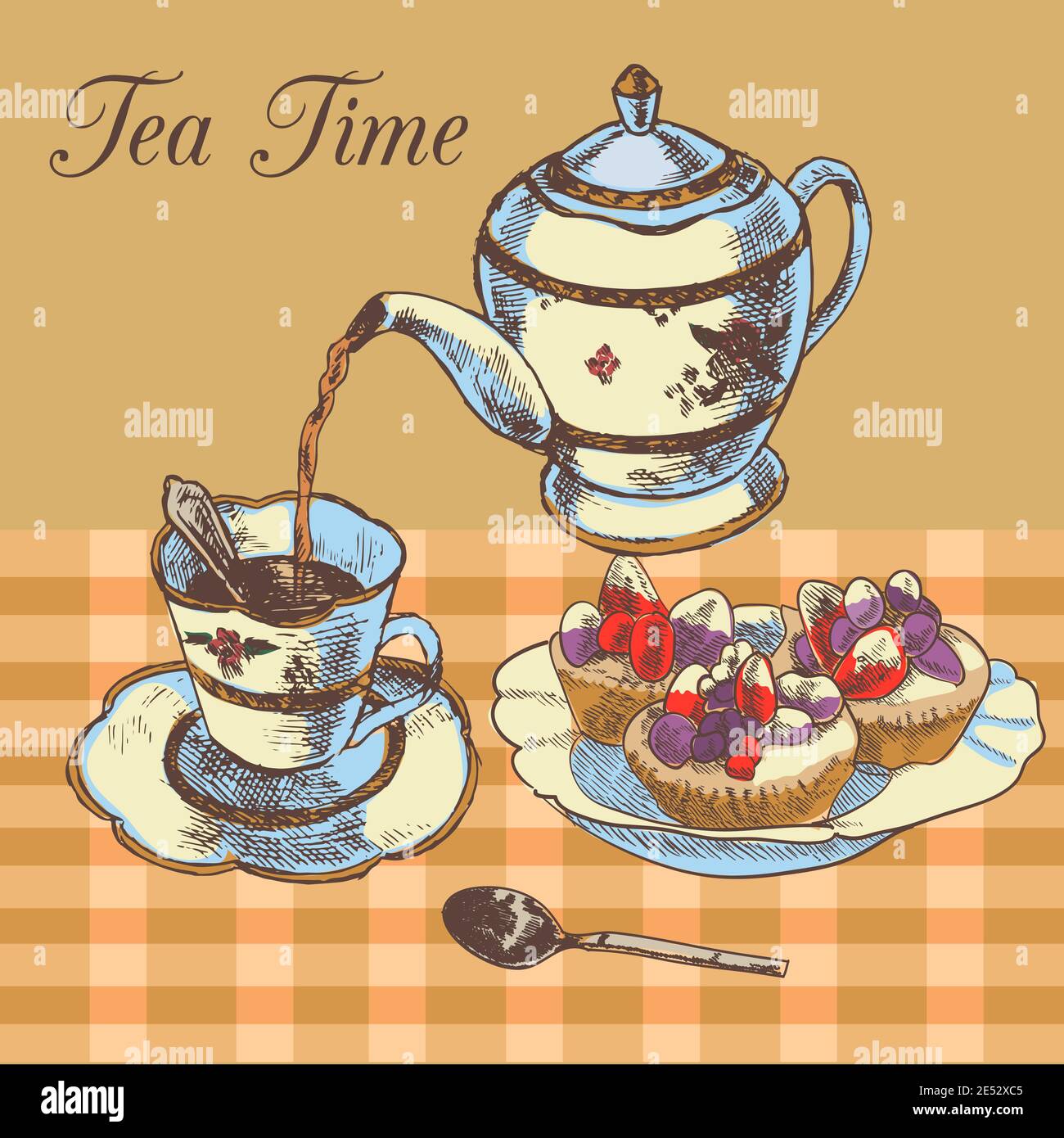 Old-fasioned english tea time restaurant country style poster with traditional teapot and cupcakes dessert vector illustration Stock Vector