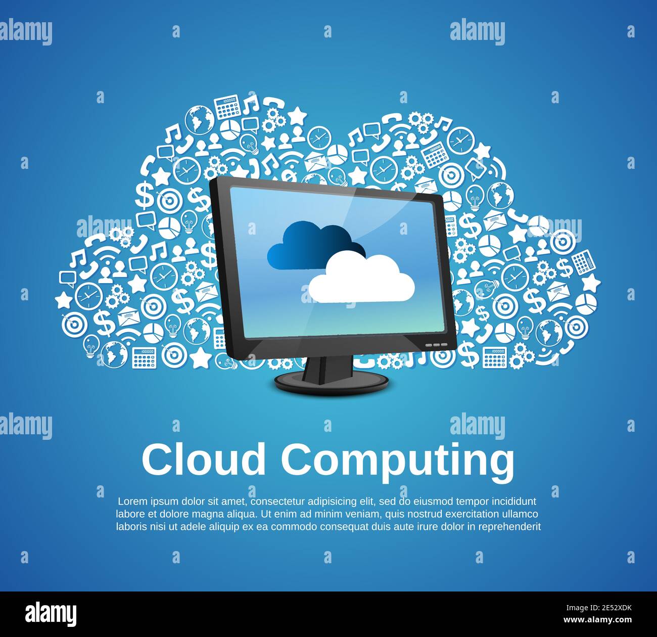 Cloud computing concept with monitor and business icons set vector ...