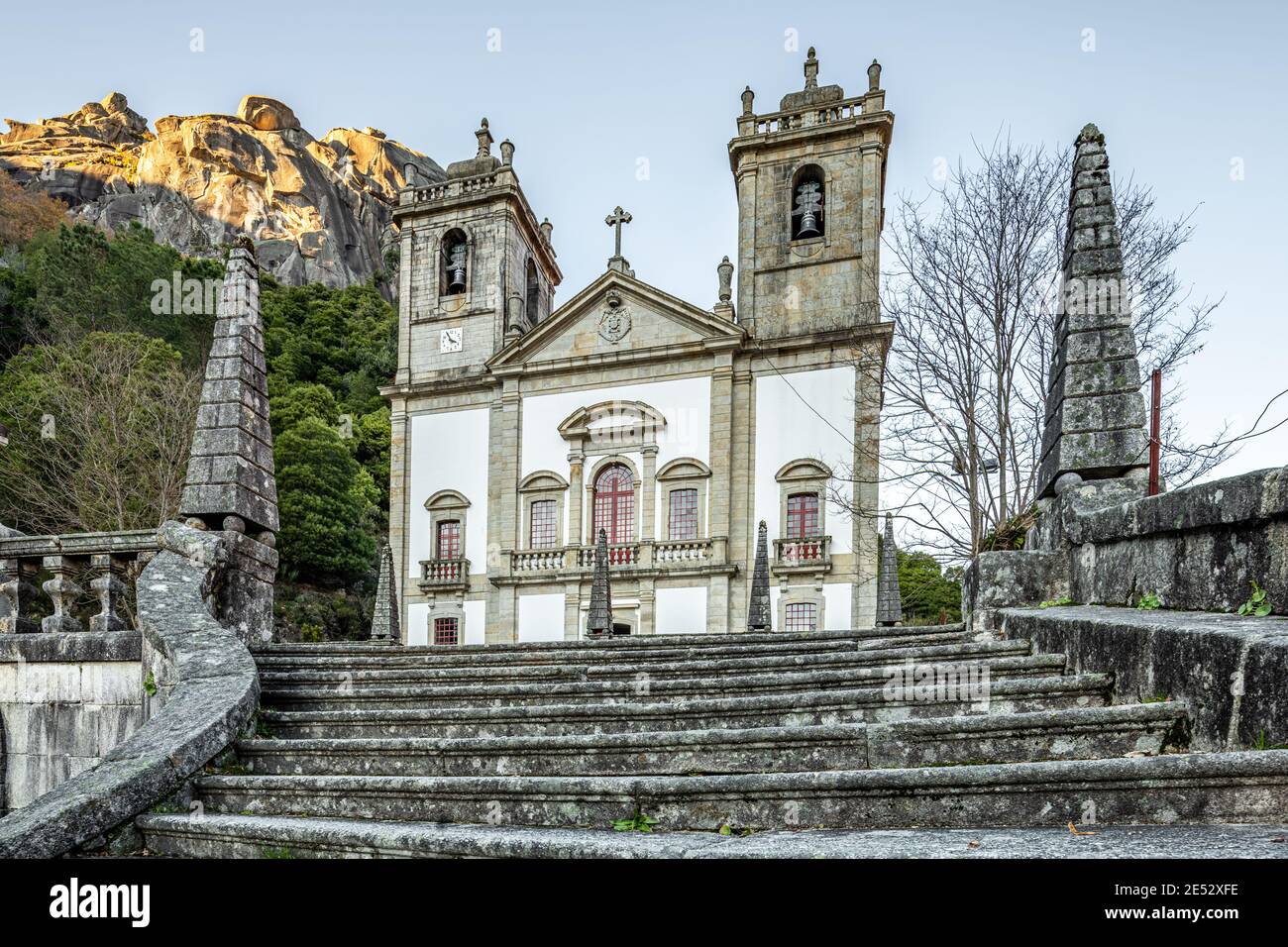 Color image historic monumental staircase that leads to the Sanctuary of Our Lady in the Peneda Geres National Park, Nossa Senhora da Peneda Stock Photo