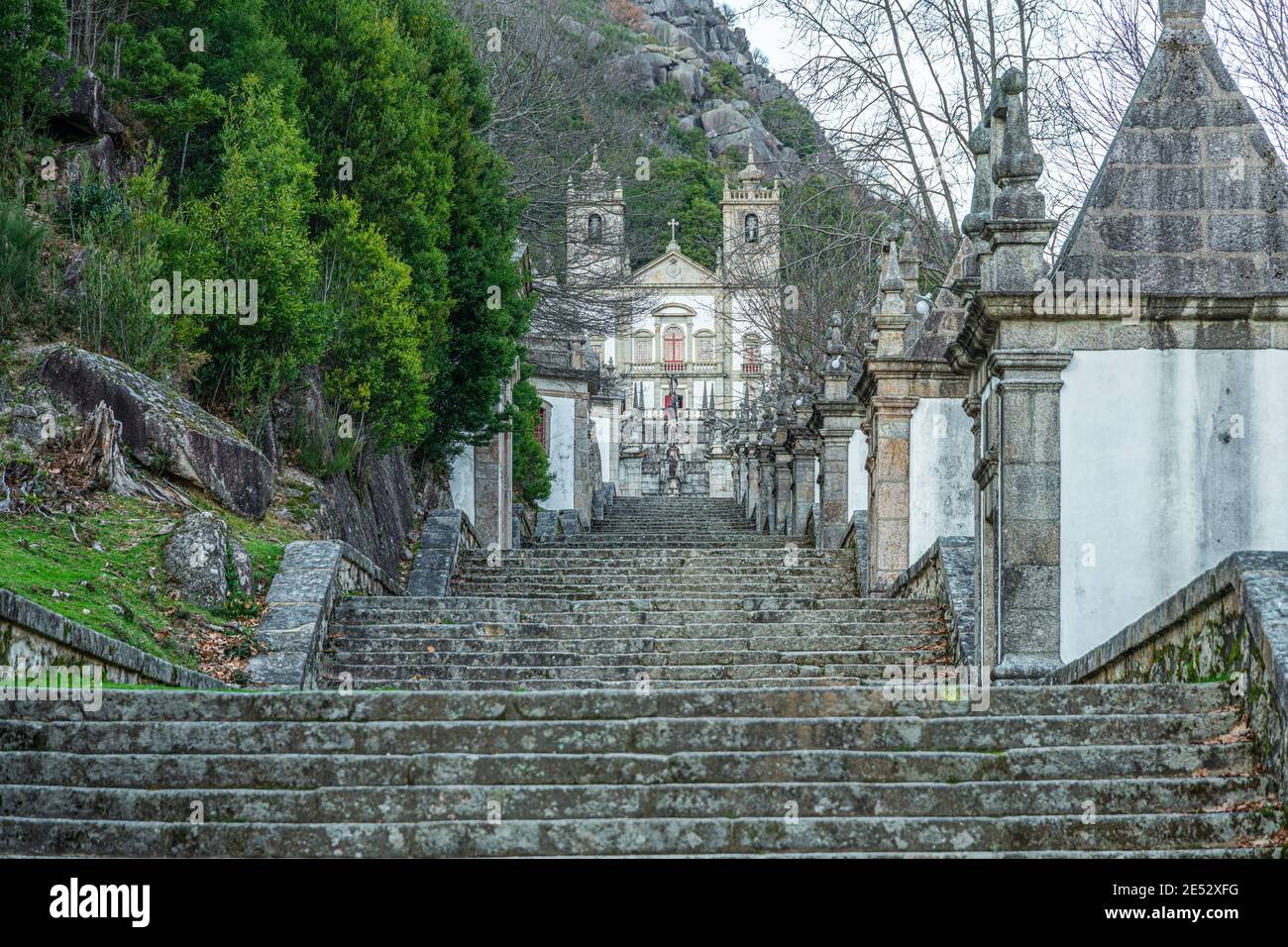 Color image historic monumental staircase that leads to the Sanctuary of Our Lady in the Peneda Geres National Park, Nossa Senhora da Peneda Stock Photo