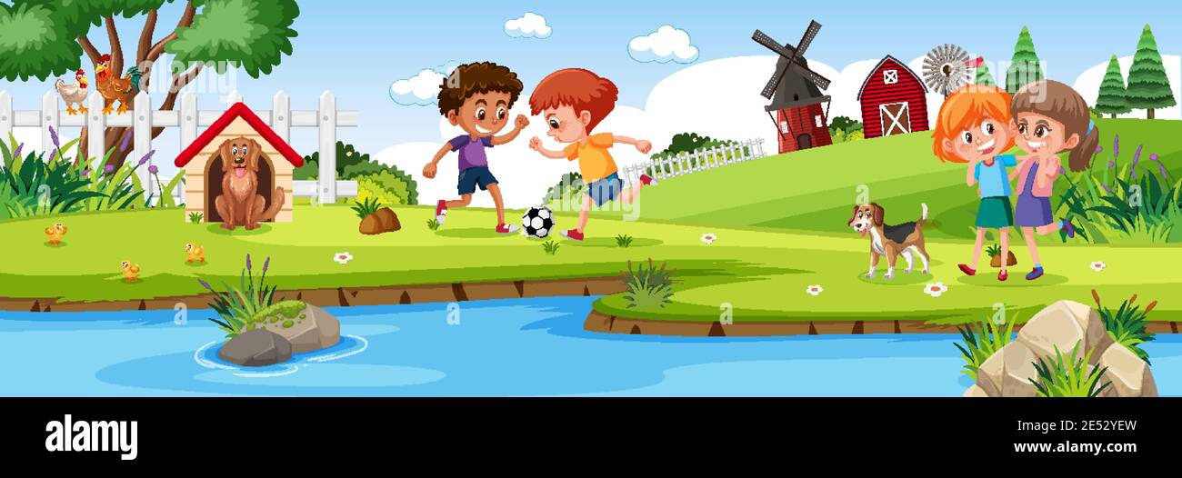 Children playing in nature farm horizontal landscape scene at day time ...