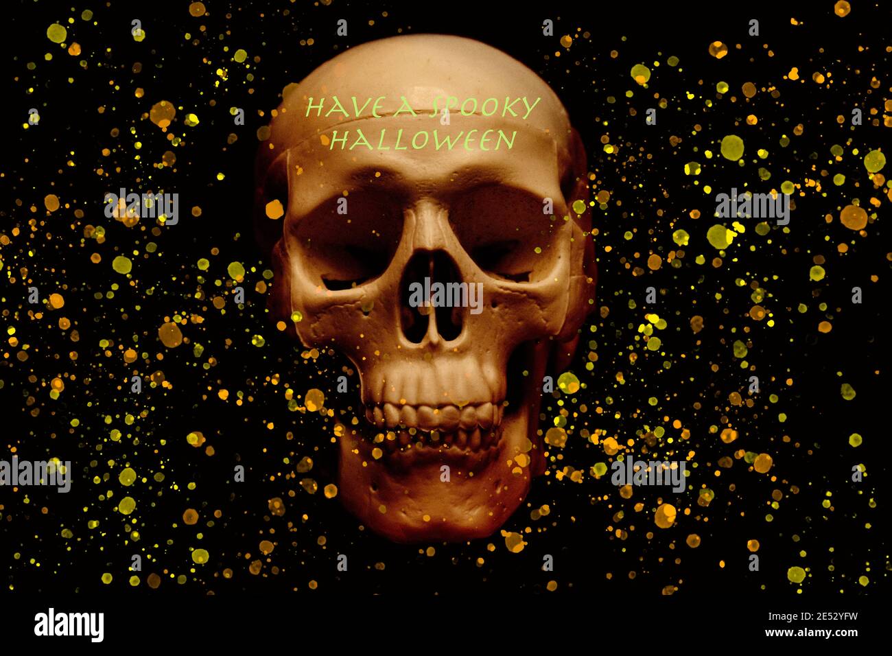 Small model skull with paint splater background Stock Photo