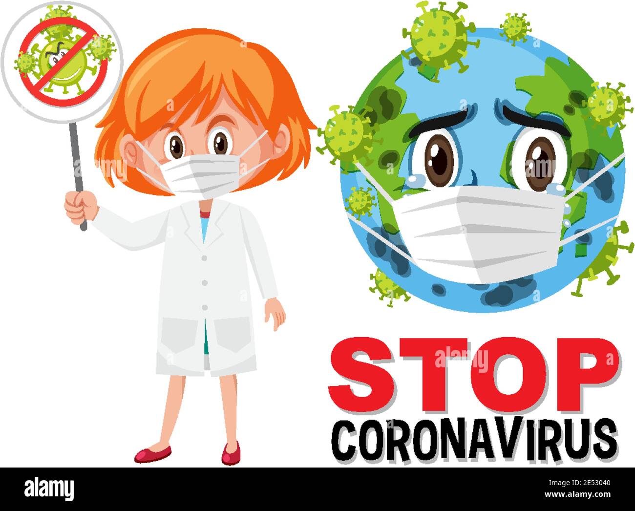 Stop coronavirus logo with earth wearing mask cartoon character and ...