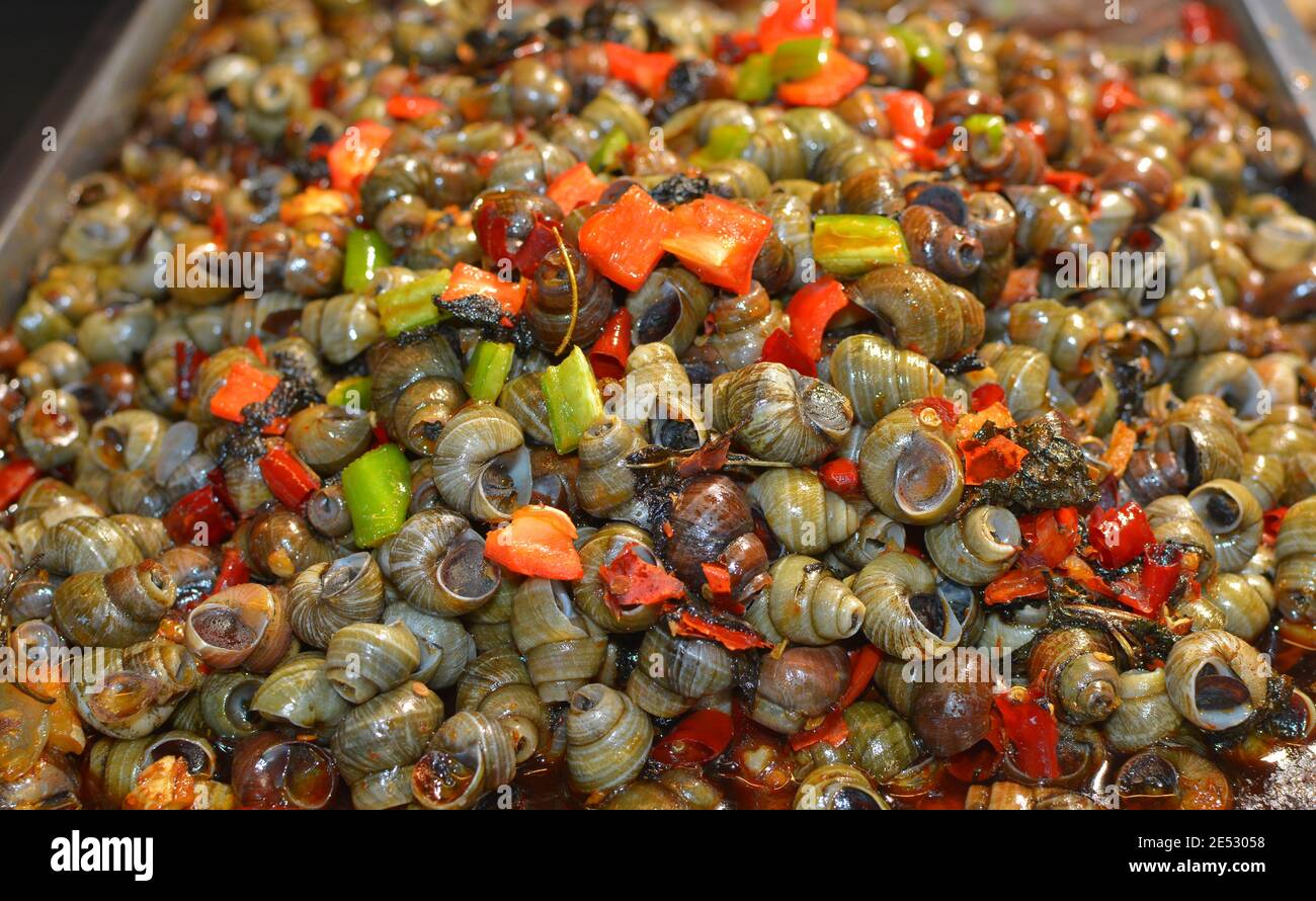 Street food market in Jiaxing, Zhejiang, China. Snails fried with spicy chilli and peppers. Jan 2020 Stock Photo