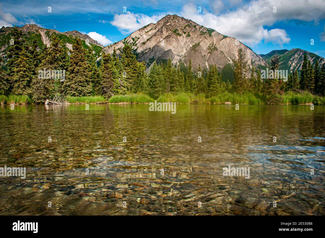 Peaceful Mountain Scene over the Kijik River near Lake Clark National Park, Alaska Stock Photo