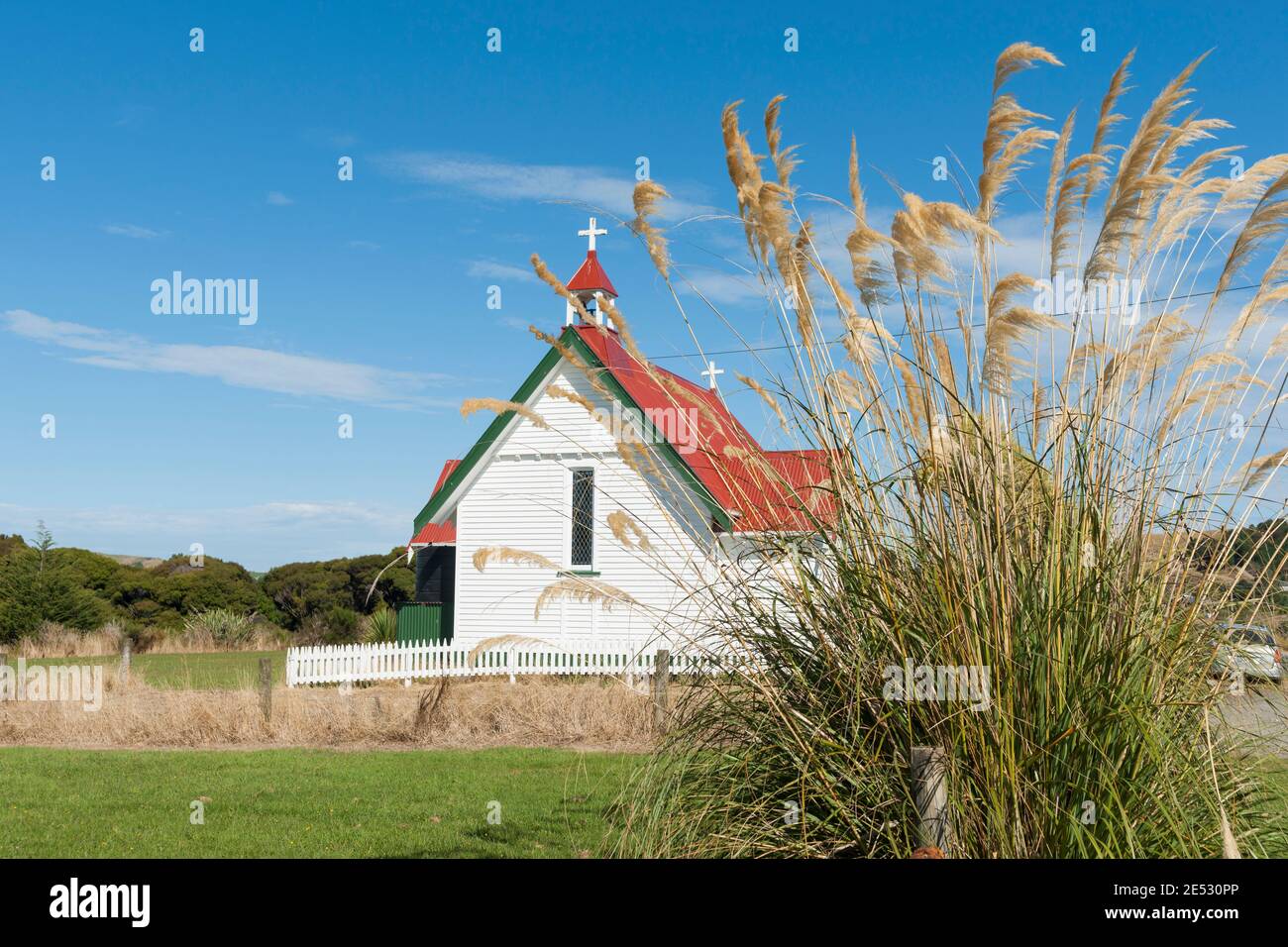 Old traditional design St Mary's Anglican Church in Waikawa with red