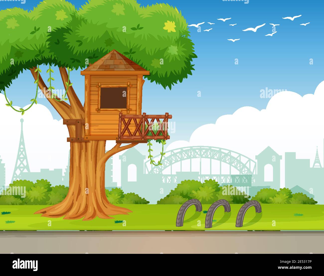 Park outdoor scene with tree house illustration Stock Vector Image ...