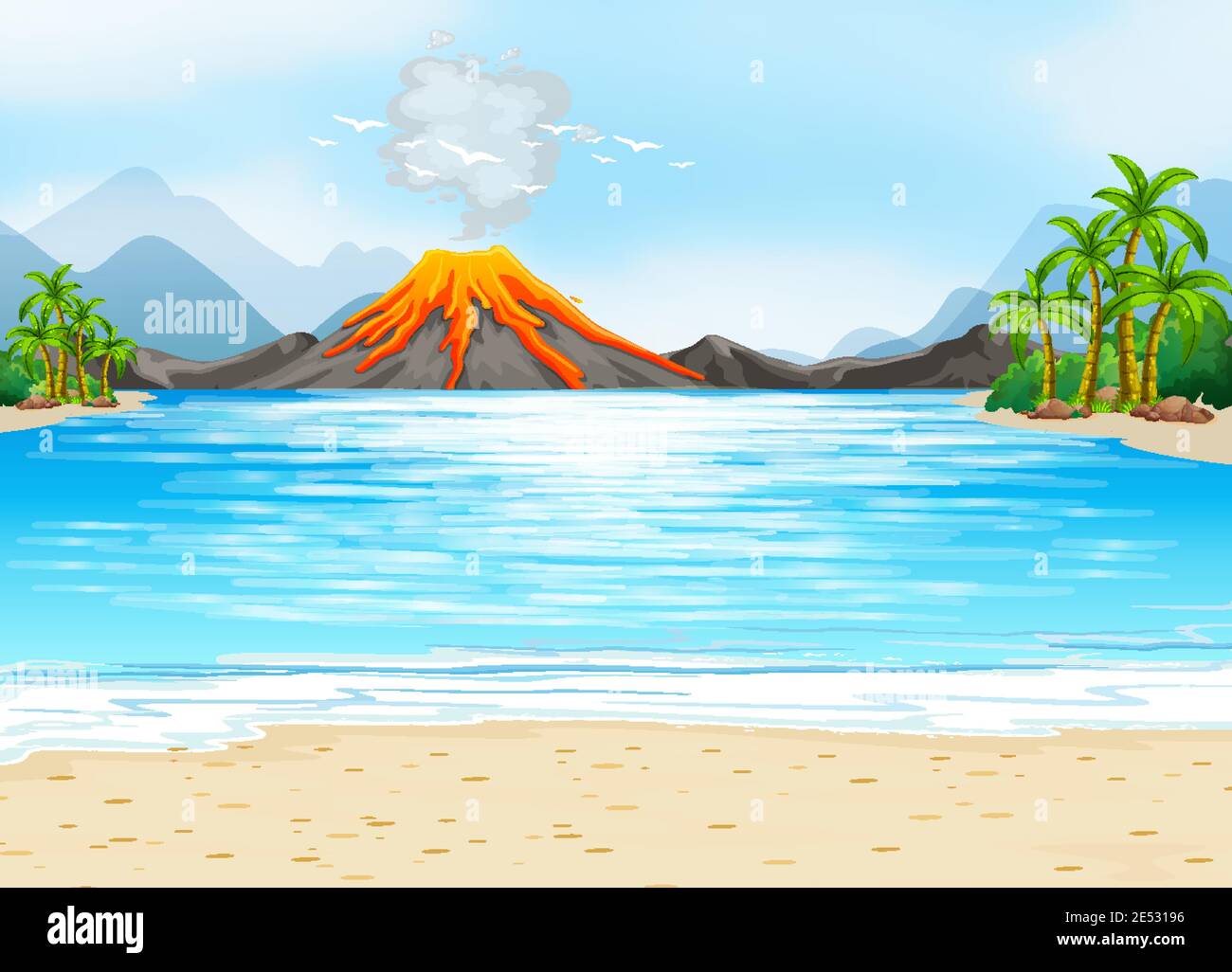 Volcanic eruption outdoor scene background illustration Stock Vector