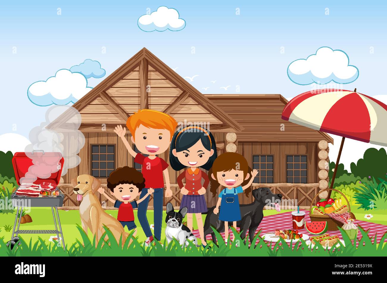 Picnic scene with happy family in the garden illustration Stock Vector ...