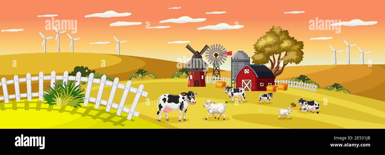 Farm landscape with animal farm in field and red barn in autumn season ...
