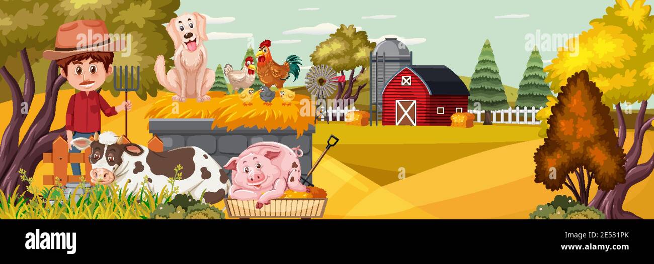 A man with farm animal in nature farm horizontal landscape scene at sunset illustration Stock Vector