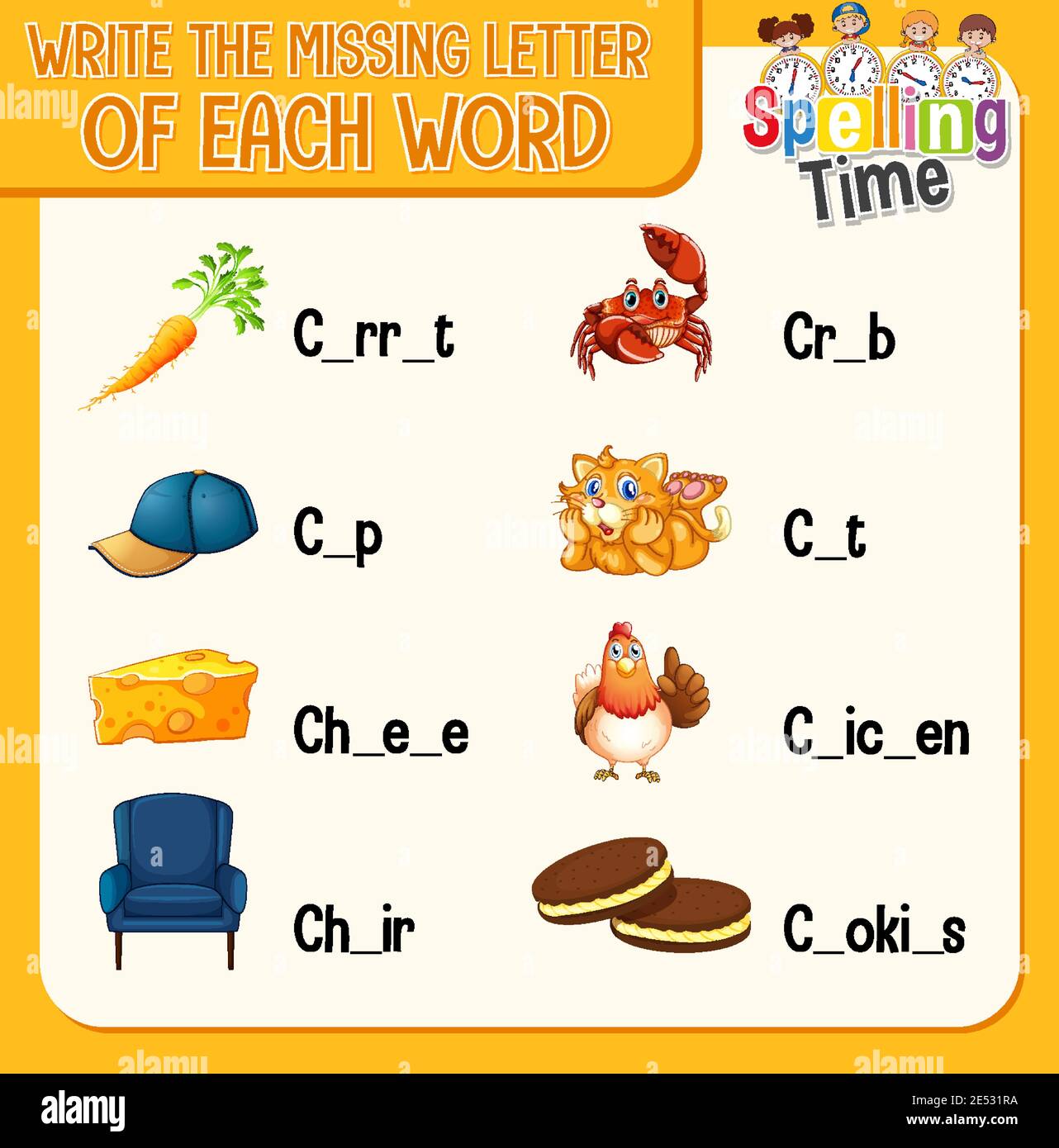 Fill the missing letter of each word worksheet for children ...