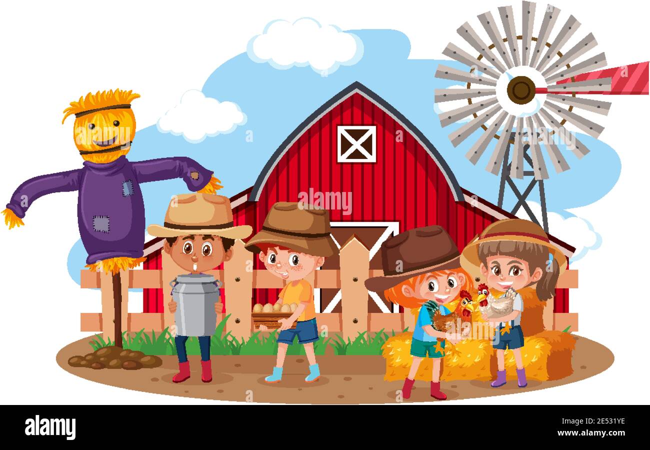 Children in farm scene on white background illustration Stock Vector ...