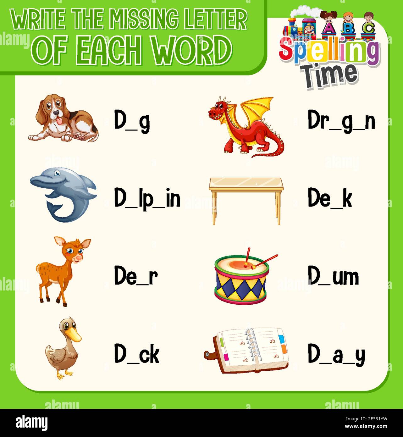 Fill the missing letter of each word worksheet for children ...