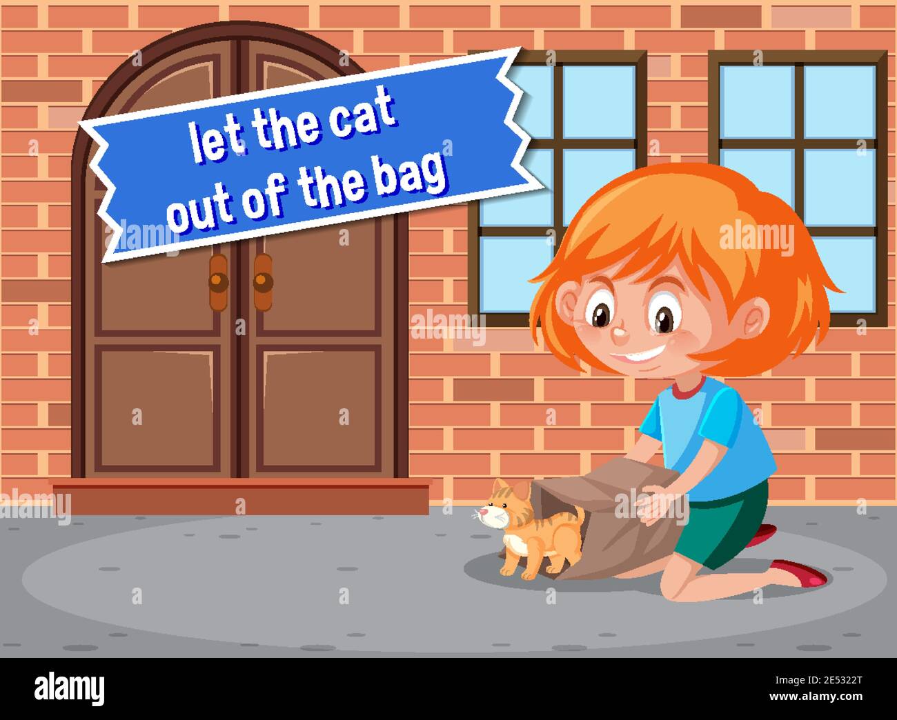 English idiom with picture description for let the cat out of the bag  illustration Stock Vector Image & Art - Alamy