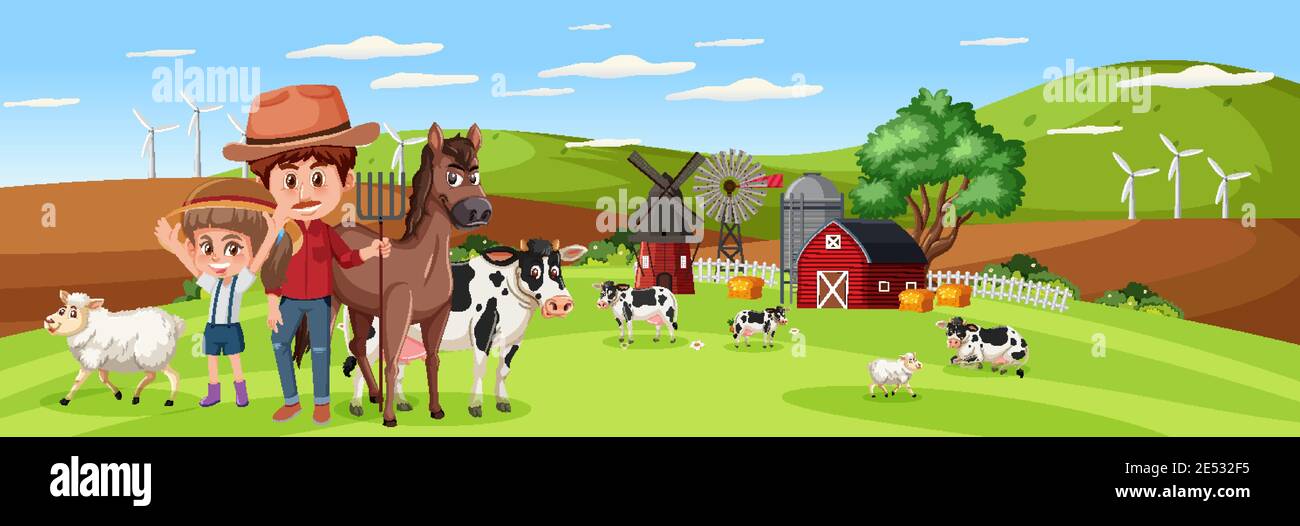 Family in nature farm with farm animal horizontal landscape scene at ...