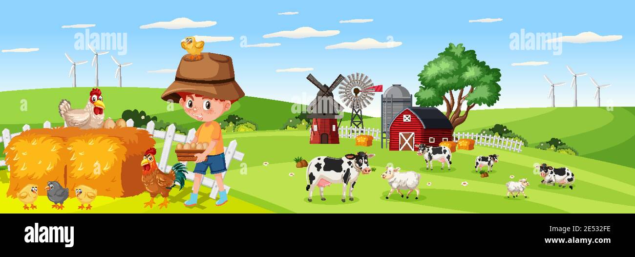 Cute boy in nature farm horizontal landscape scene at day time ...