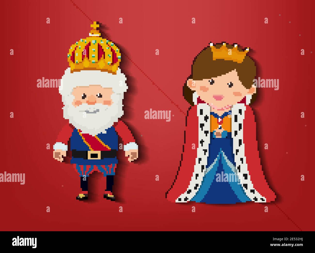 King and queen cartoon character on red background illustration Stock ...