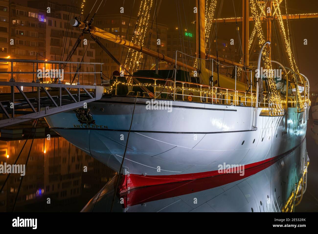 Three master ship Mercator in the yacht marina harbour of Ostend (Oostende) at night, Belgium. Stock Photo
