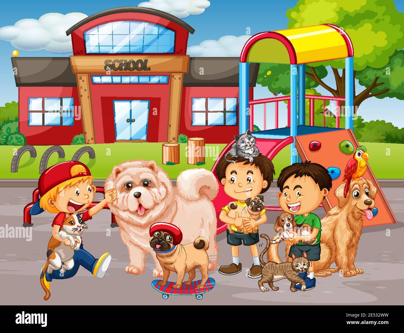 School outdoor scene with group of pet and children illustration Stock ...