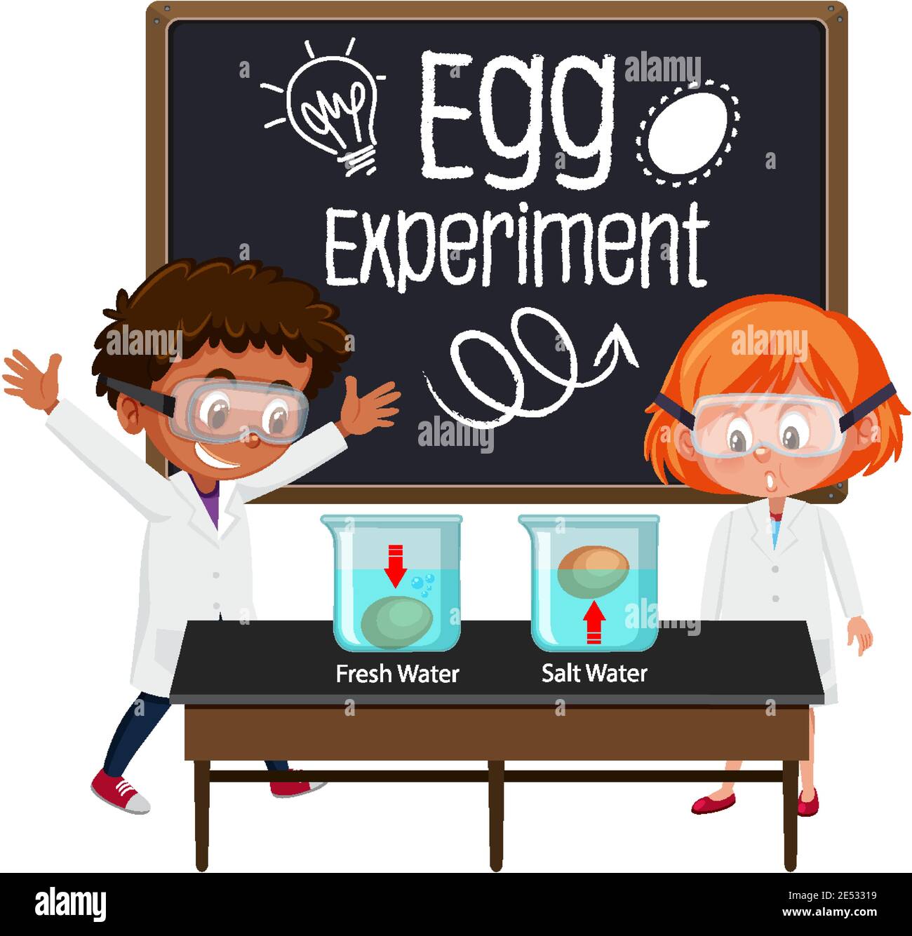 Young scientist explaining science experiment with egg float test ...