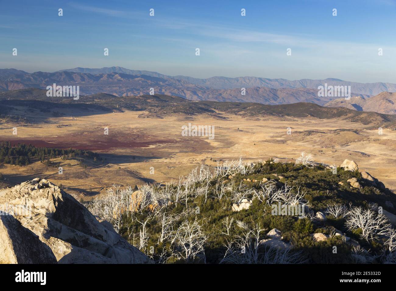 Rancho Cuyamaca State Park Landscape with Aerial View of Prairie Plains and Distant Mountain Range of Anza Borrego Desert in Southern California Stock Photo