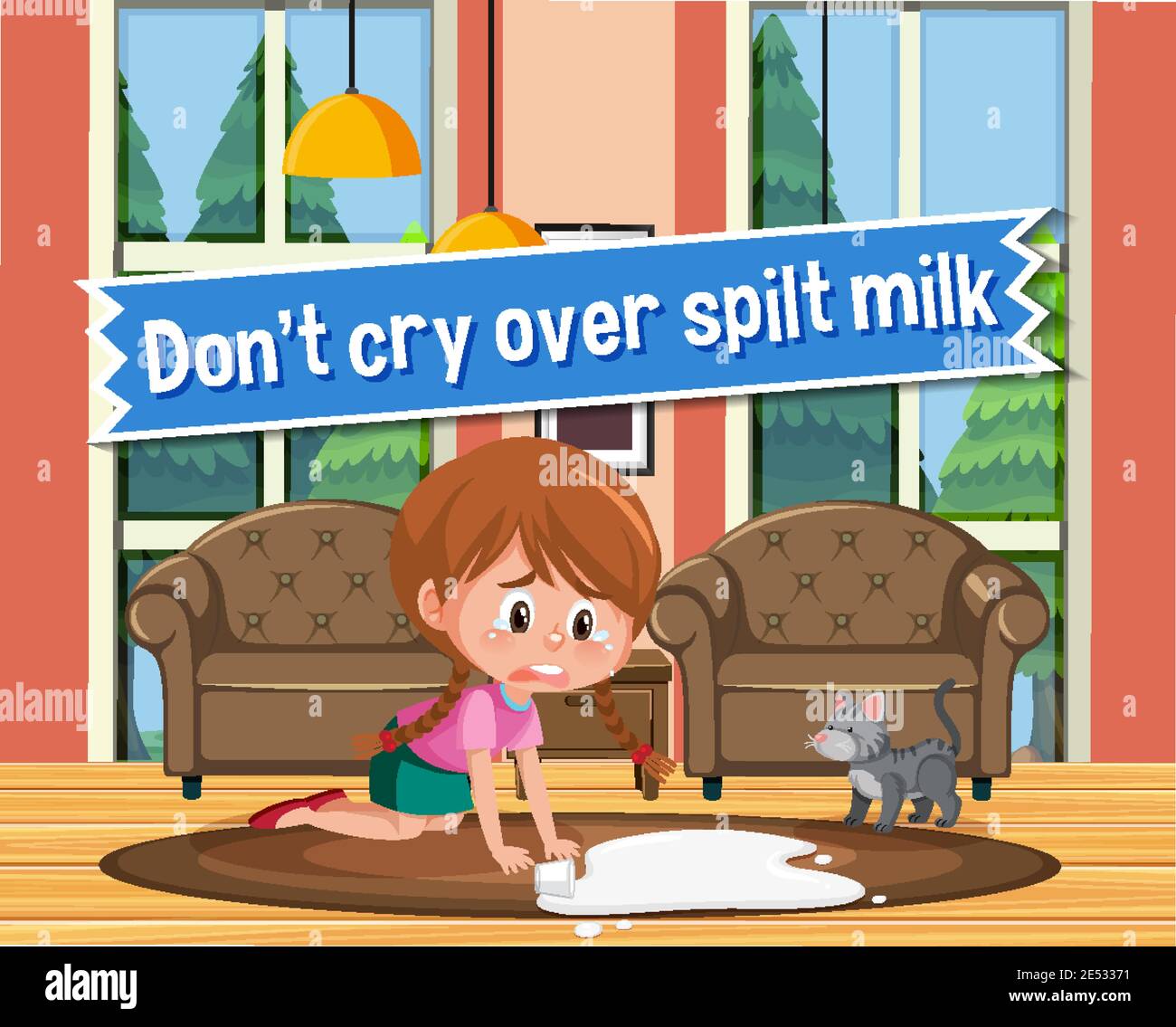 Idiom poster with Don't cry over spilt milk illustration Stock Vector